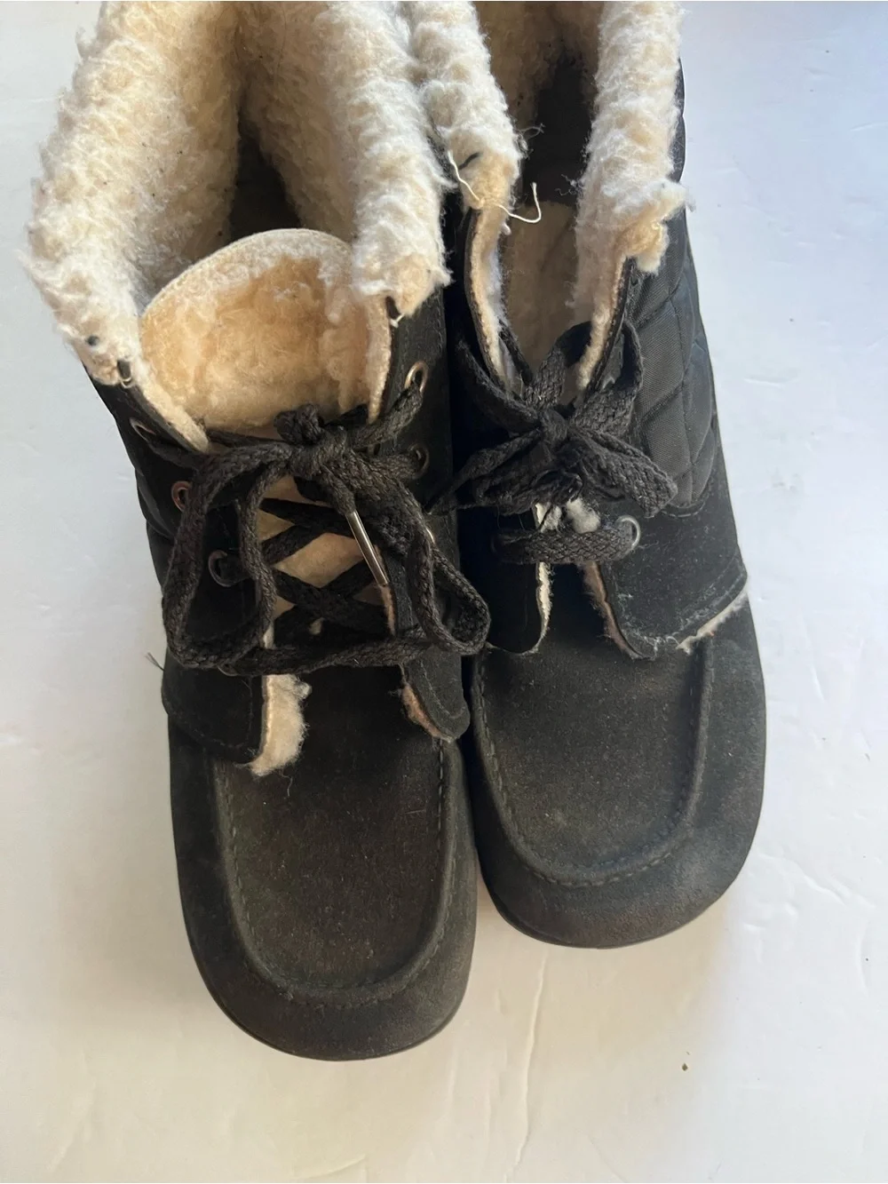 Vtg Unbranded Quilted Winter Ankle Boots Sherpa Lined Lace Up USA Black Size 9
